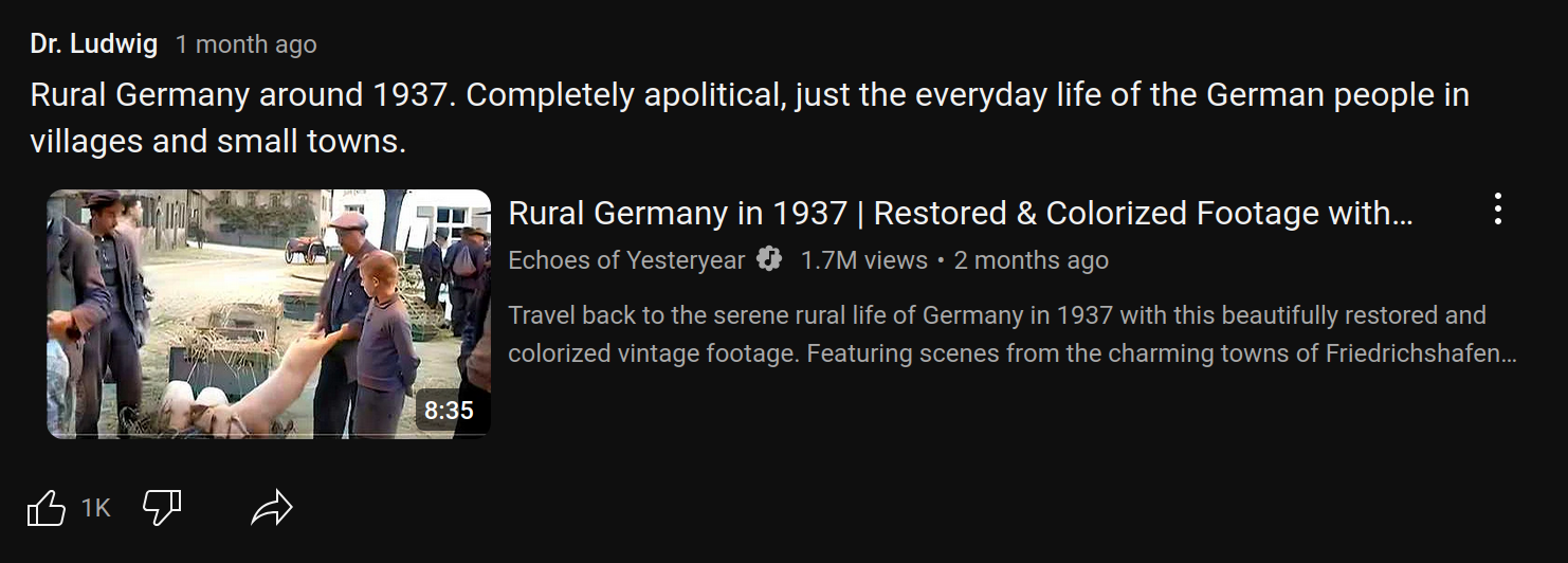 Screenshot of a community post by YouTube channel 'Dr. Ludwig' advertising the video discussed above with the comment: 'Rural Germany around 1937. Completely apolitical, just the everyday life of German people in villages and small towns.'